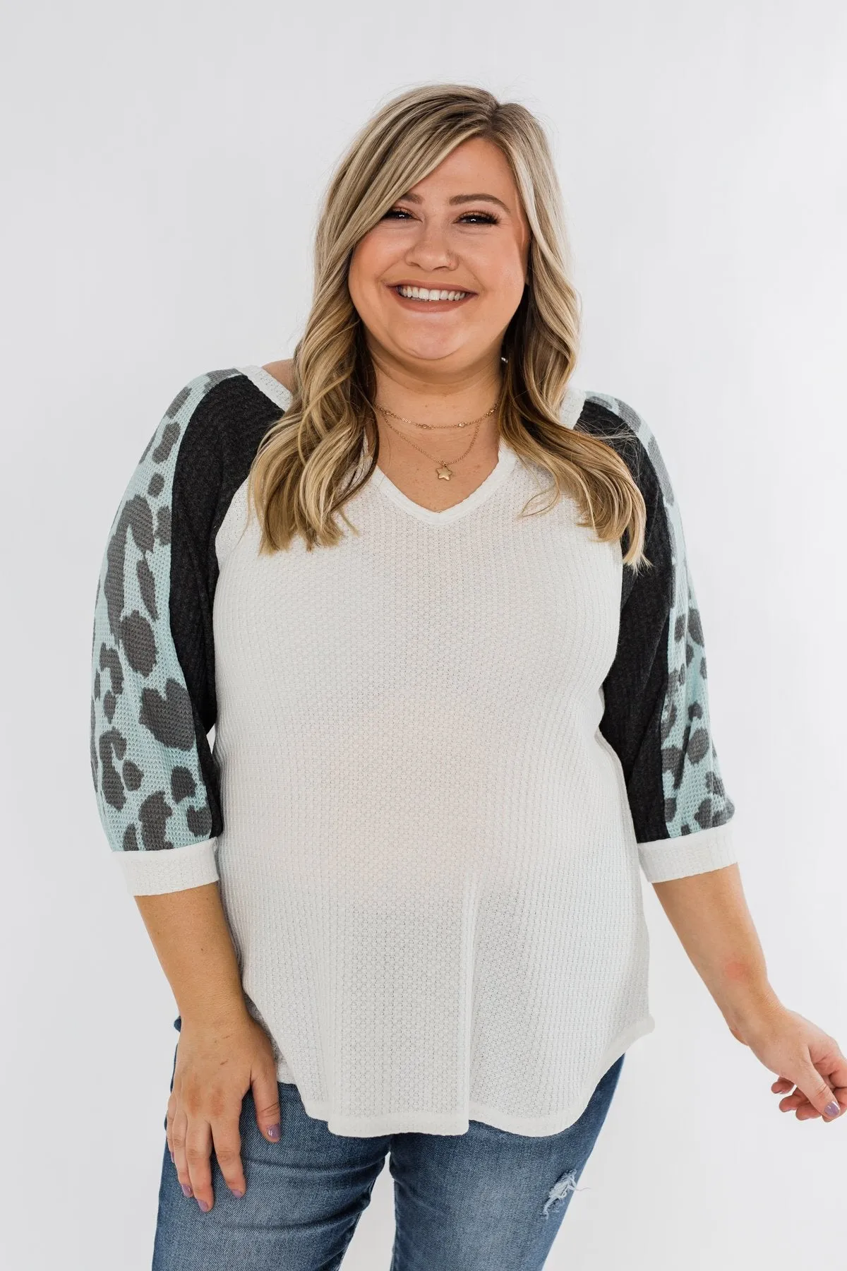 Leopard Sleeve Waffle Notch Top- Ivory, Charcoal, Blue