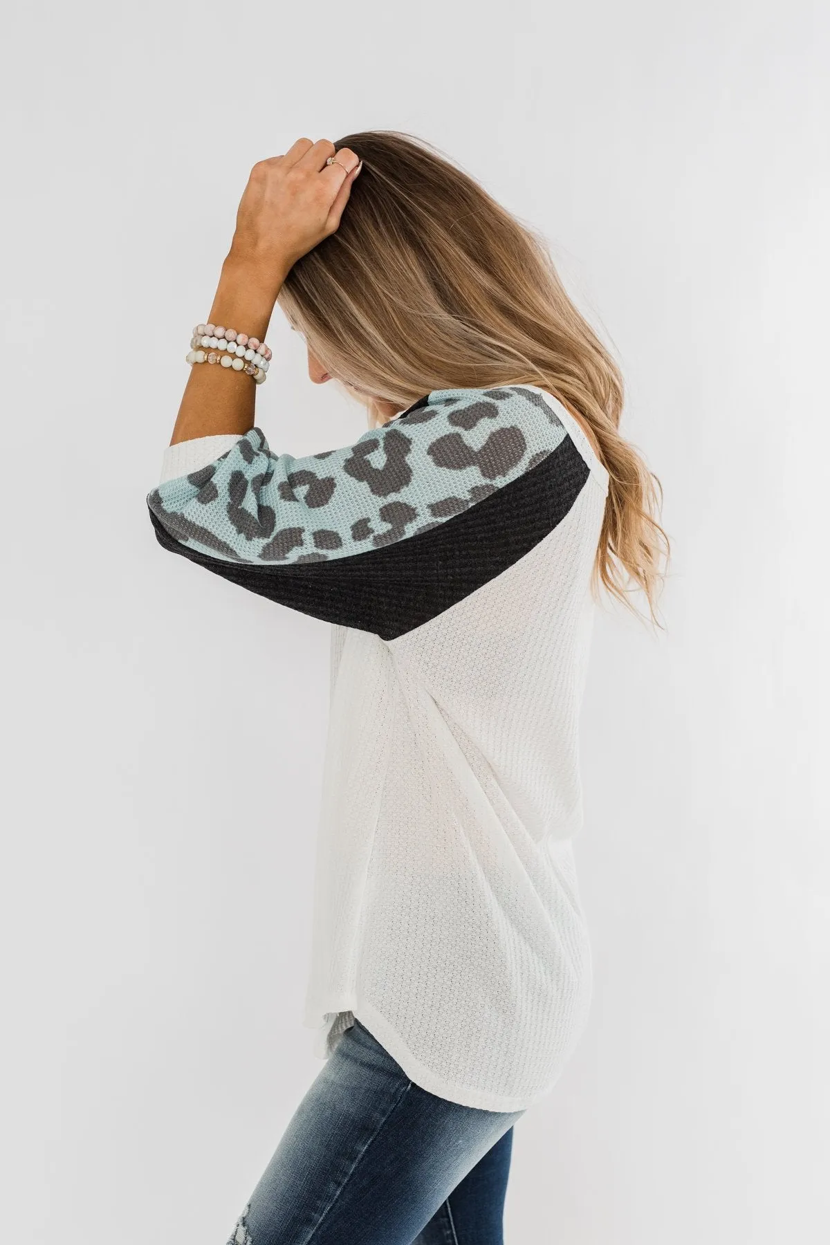 Leopard Sleeve Waffle Notch Top- Ivory, Charcoal, Blue