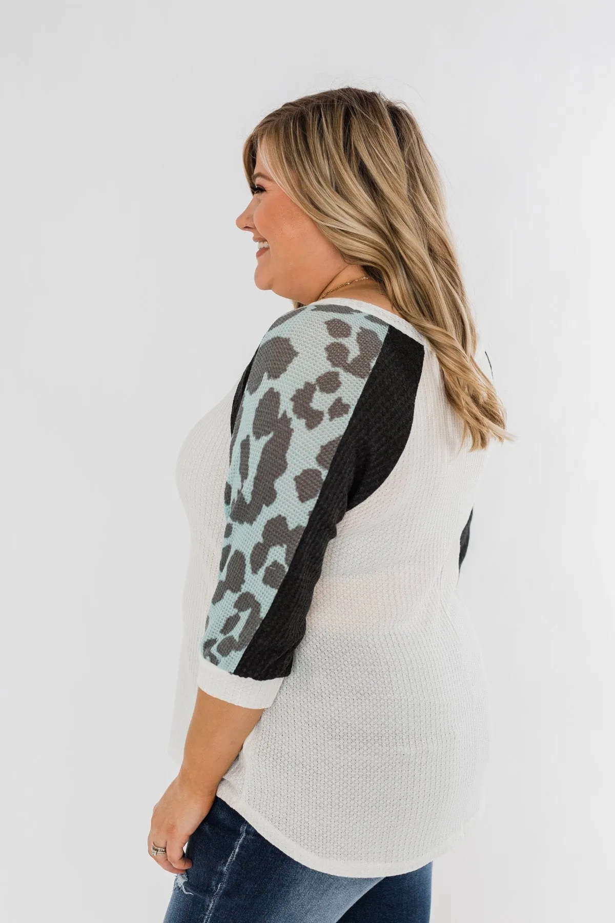 Leopard Sleeve Waffle Notch Top- Ivory, Charcoal, Blue