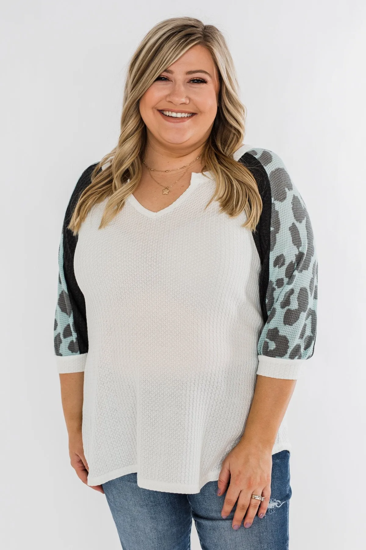 Leopard Sleeve Waffle Notch Top- Ivory, Charcoal, Blue