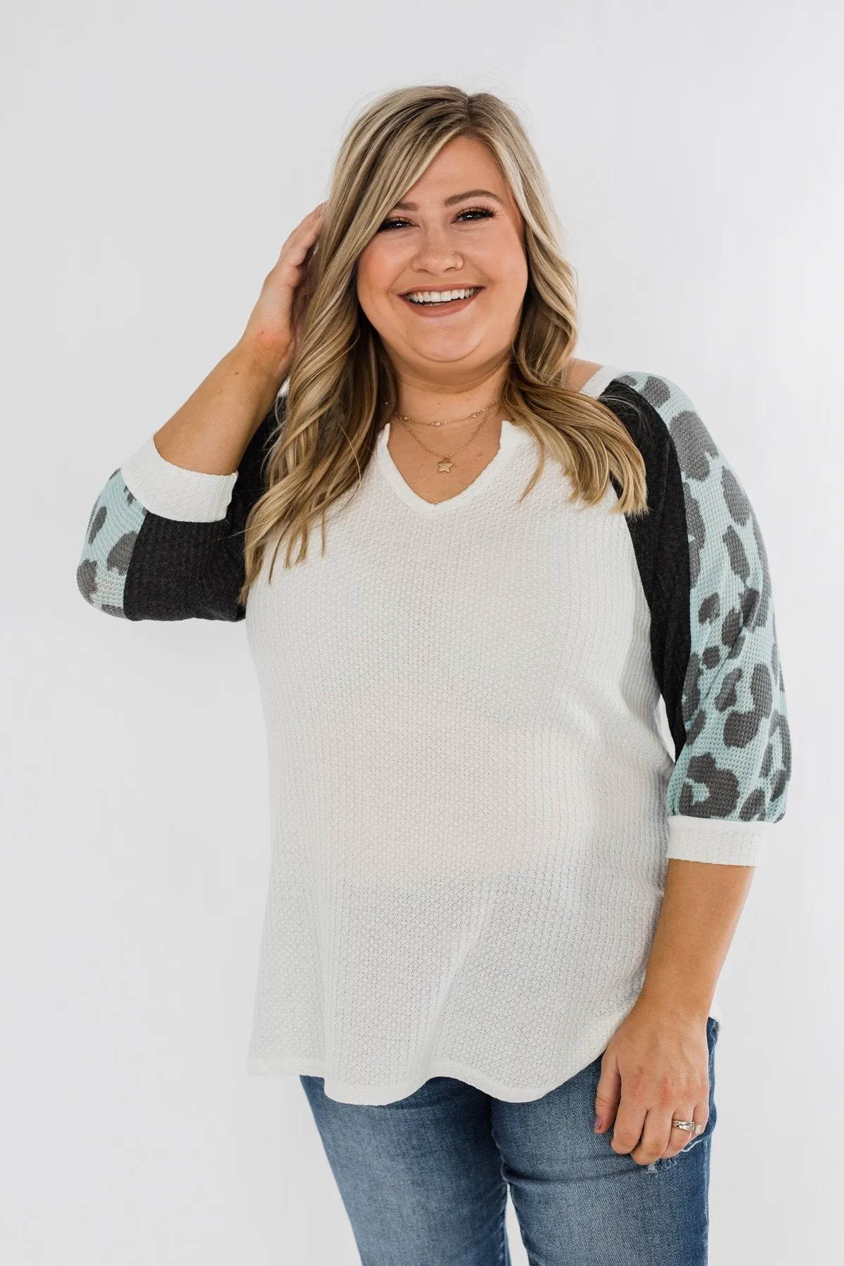 Leopard Sleeve Waffle Notch Top- Ivory, Charcoal, Blue