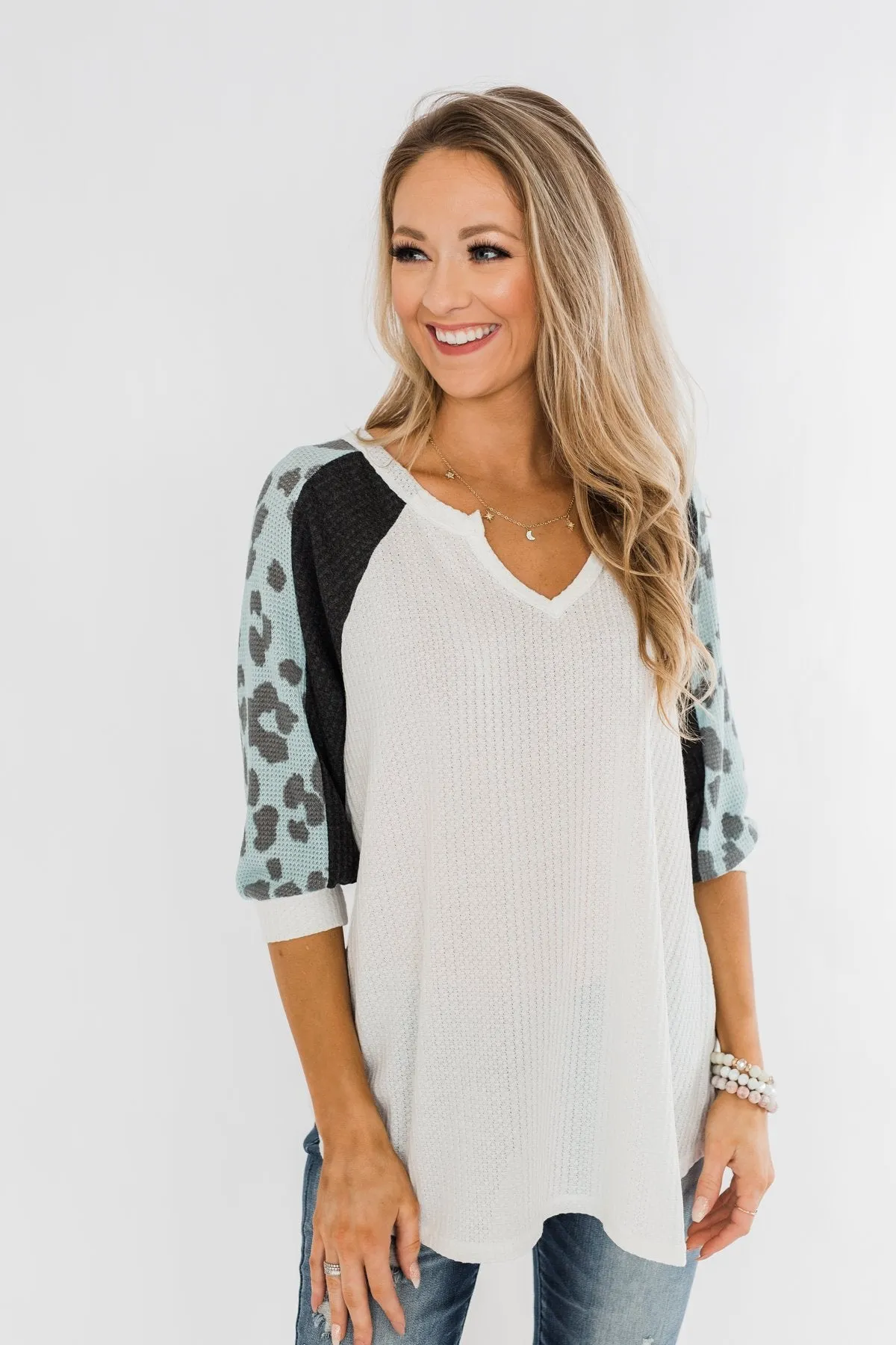 Leopard Sleeve Waffle Notch Top- Ivory, Charcoal, Blue