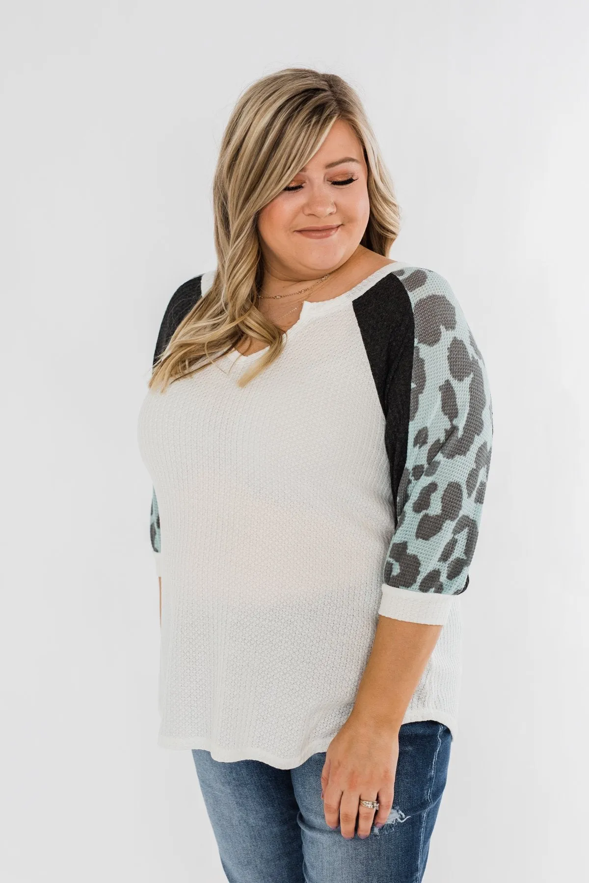Leopard Sleeve Waffle Notch Top- Ivory, Charcoal, Blue