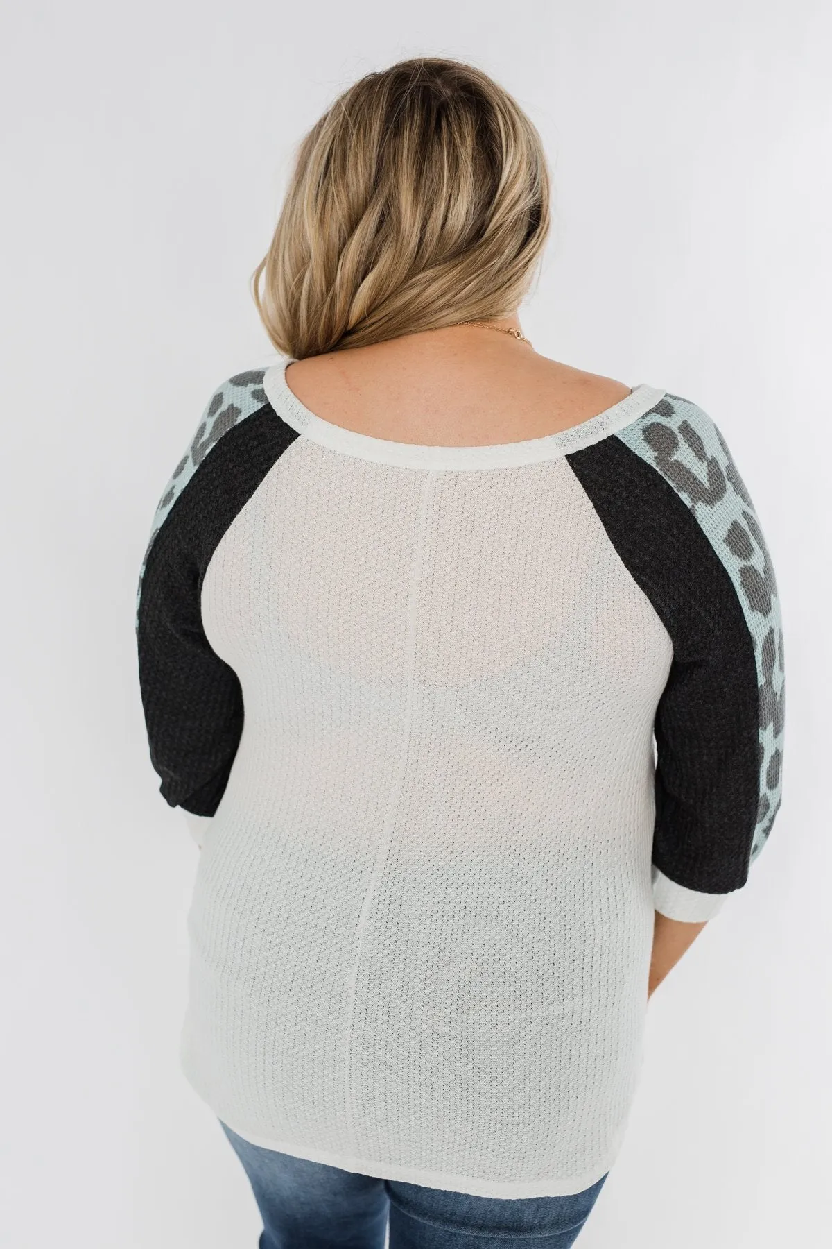 Leopard Sleeve Waffle Notch Top- Ivory, Charcoal, Blue