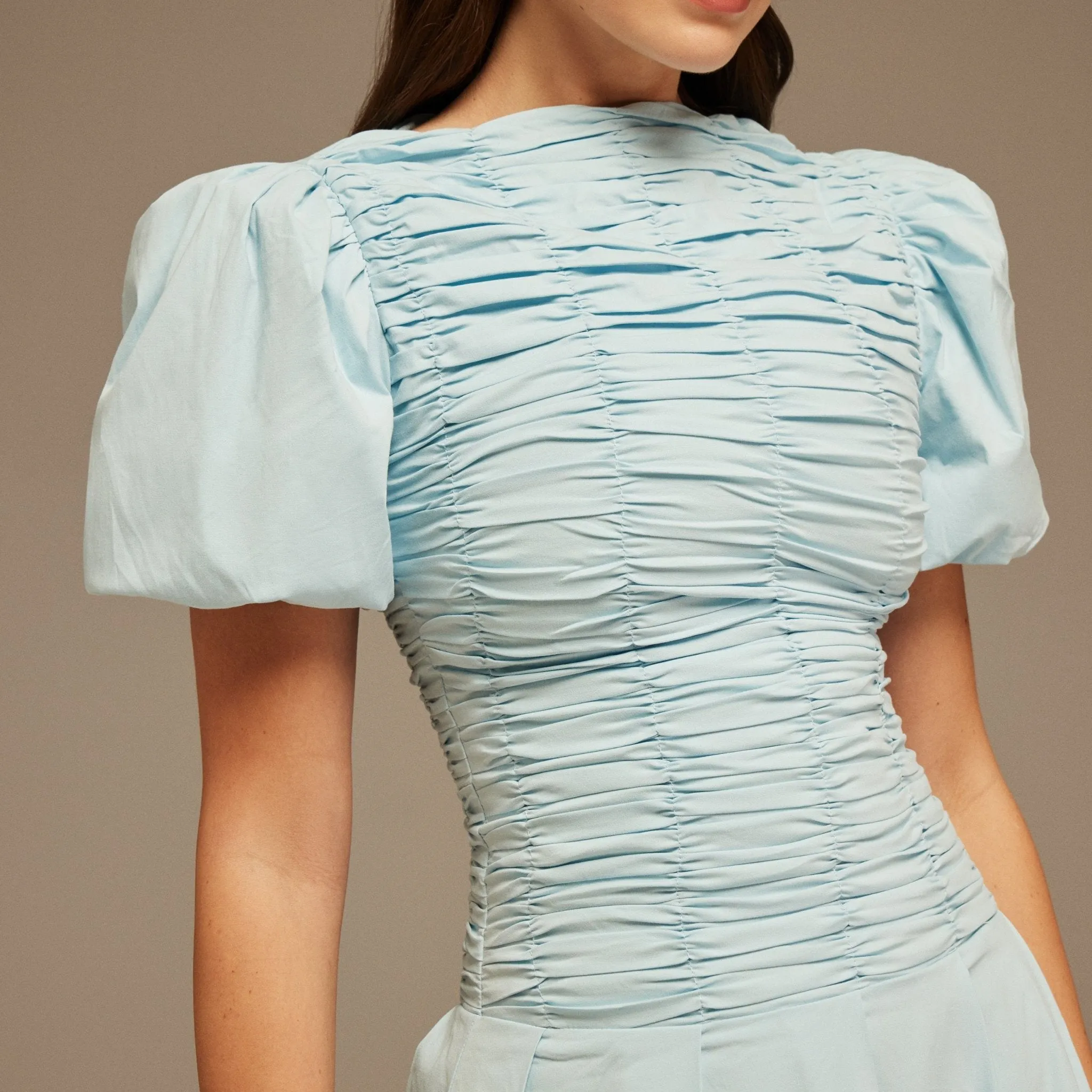 Light Blue Draped Top Short Sleeve Midi Dress