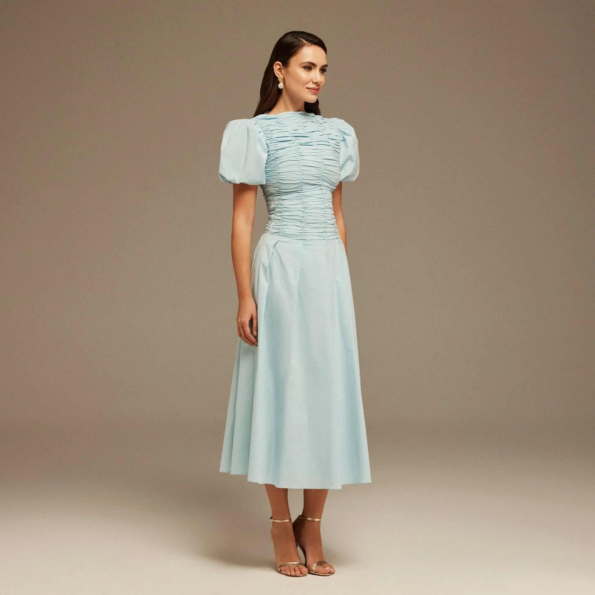 Light Blue Draped Top Short Sleeve Midi Dress