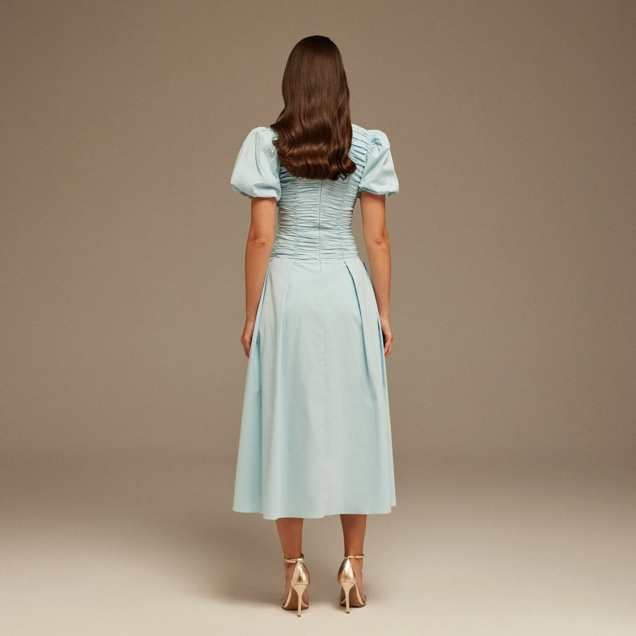 Light Blue Draped Top Short Sleeve Midi Dress