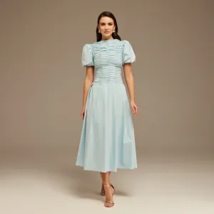 Light Blue Draped Top Short Sleeve Midi Dress