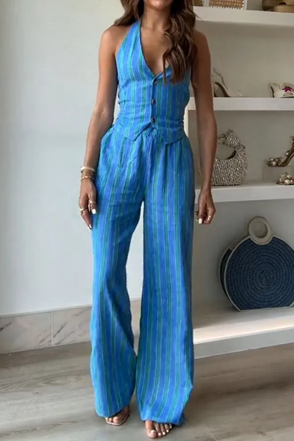 Linen Blend Striped Button Halter Backless Vest and Elastic Waist Pocket Pants Set