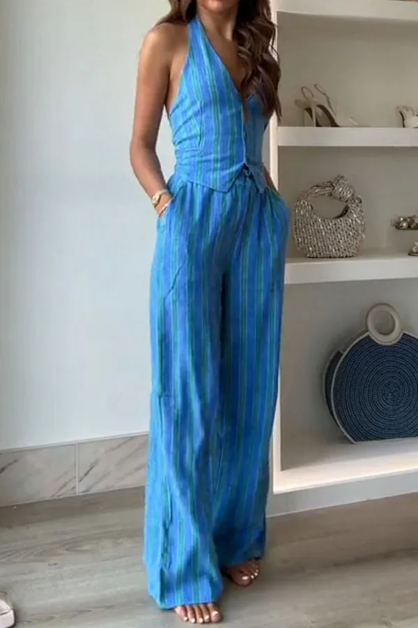 Linen Blend Striped Button Halter Backless Vest and Elastic Waist Pocket Pants Set