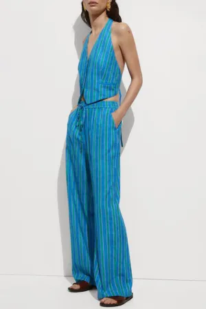Linen Blend Striped Button Halter Backless Vest and Elastic Waist Pocket Pants Set