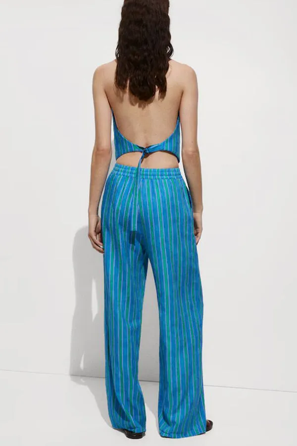 Linen Blend Striped Button Halter Backless Vest and Elastic Waist Pocket Pants Set