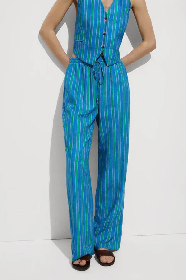 Linen Blend Striped Button Halter Backless Vest and Elastic Waist Pocket Pants Set