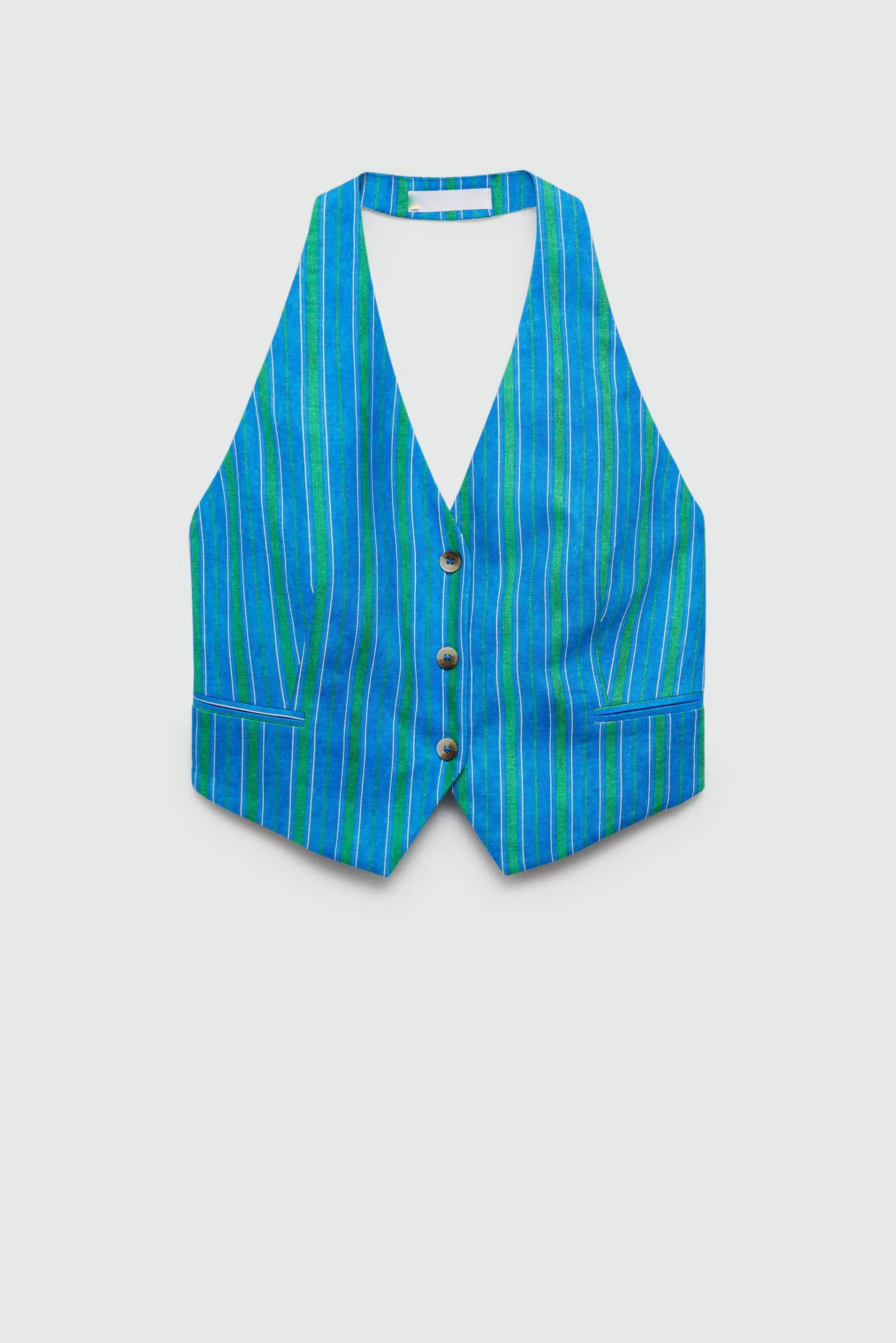 Linen Blend Striped Button Halter Backless Vest and Elastic Waist Pocket Pants Set