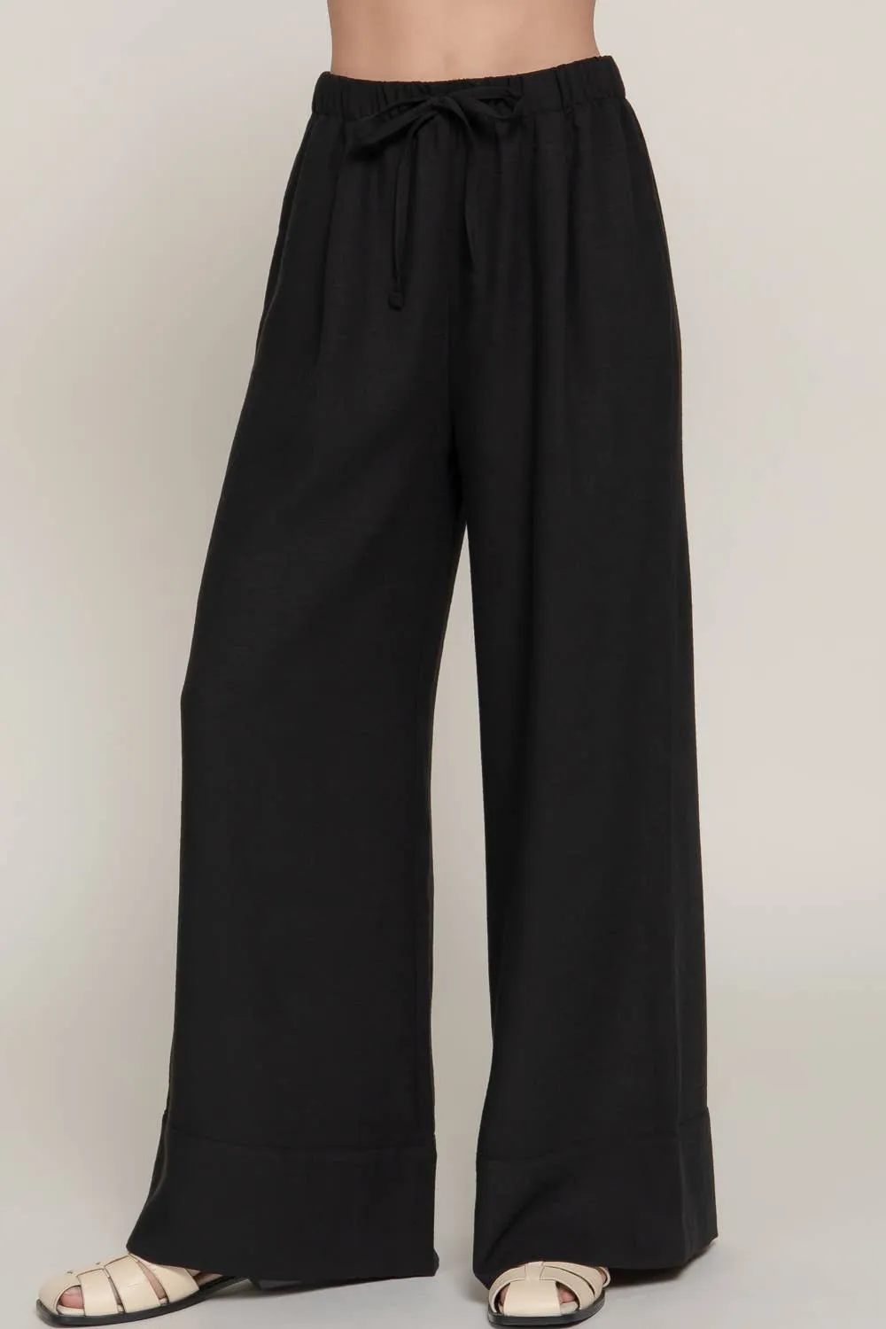 Linen Palazzo Pants Drawstring Waistband