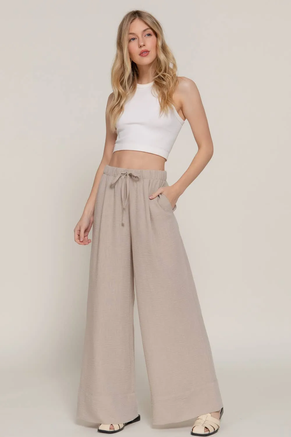 Linen Palazzo Pants Drawstring Waistband