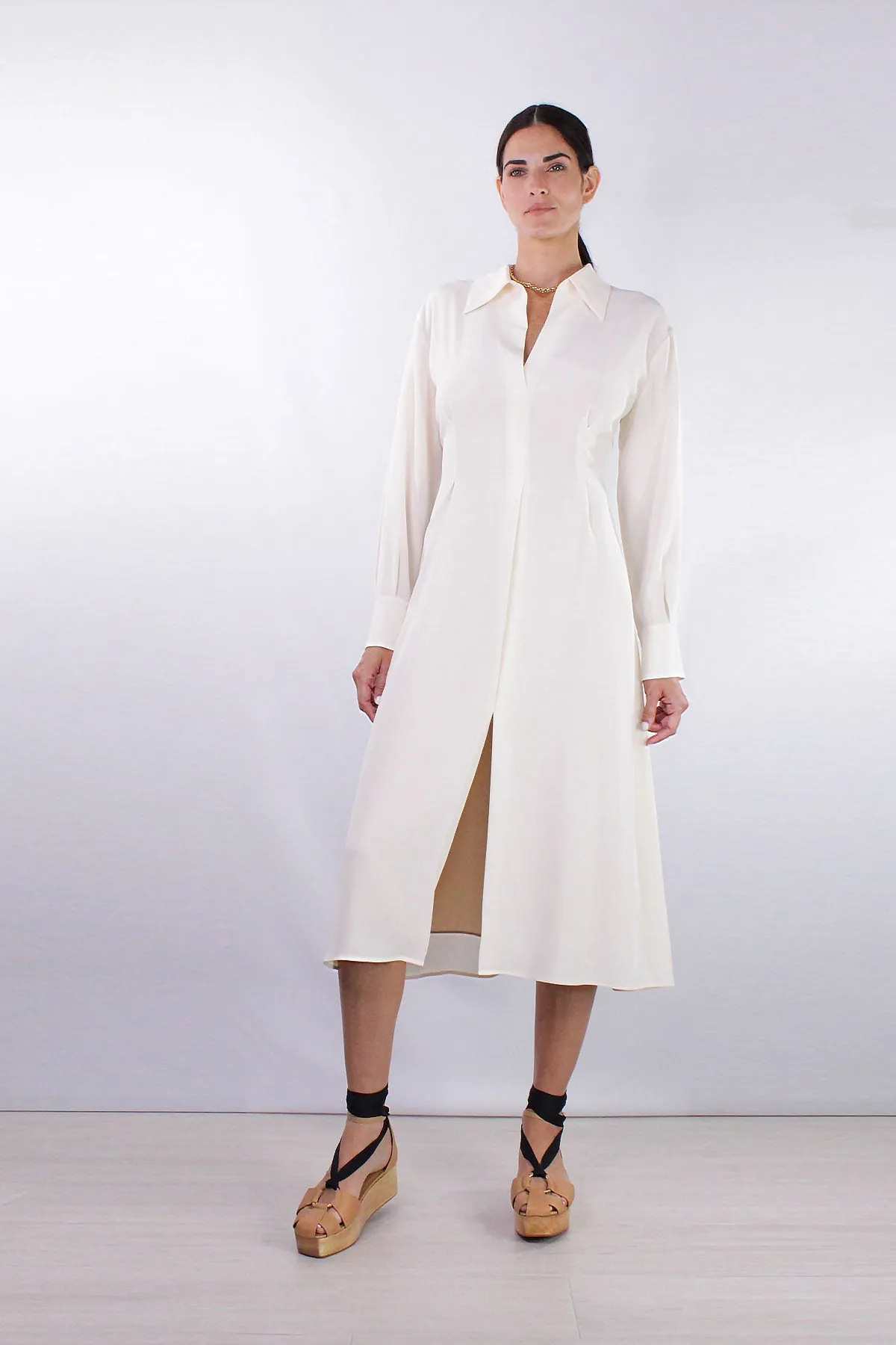 Long Sleeve Draped Collar Dress in Chiffon