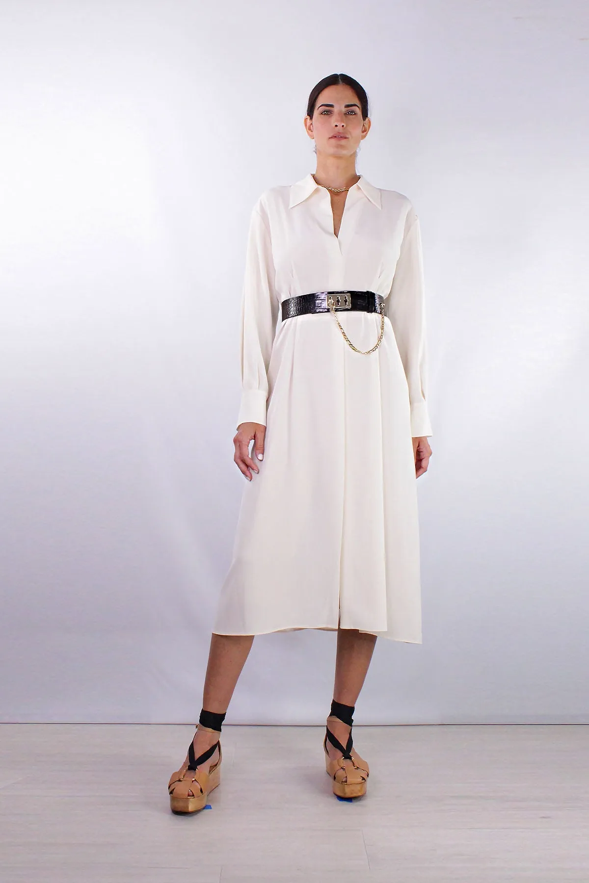 Long Sleeve Draped Collar Dress in Chiffon