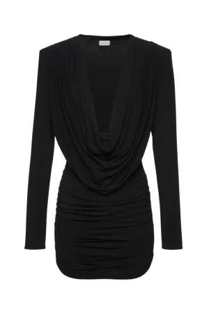 Long Sleeve Draped Mini Dress | Black