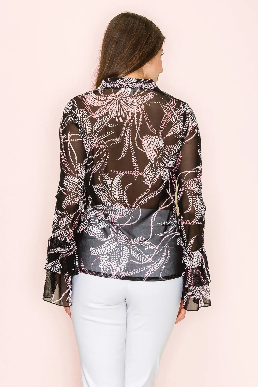 LONG SLEEVE MESH BUTTON FRONT COLLAR BELL SHIRT