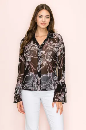 LONG SLEEVE MESH BUTTON FRONT COLLAR BELL SHIRT