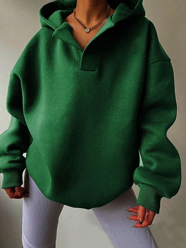 Loose Puff Sleeves Solid Color Split-Joint Hooded Hoodies Tops