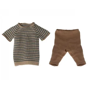 Maileg Pants and Knitted Blue Stripe Sweater, Size 4