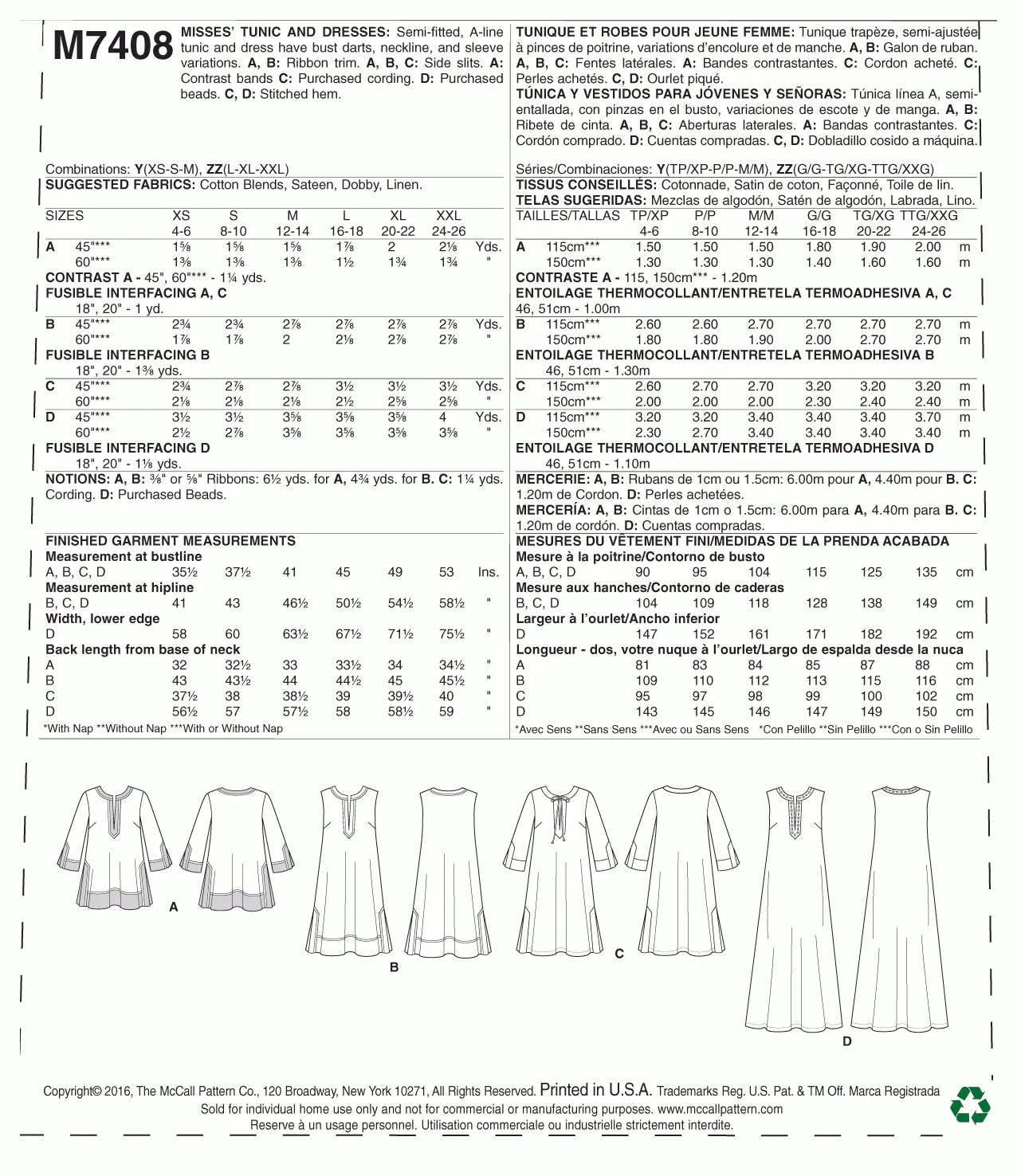 McCall's Pattern M7408 Misses' Tunic and Dresses