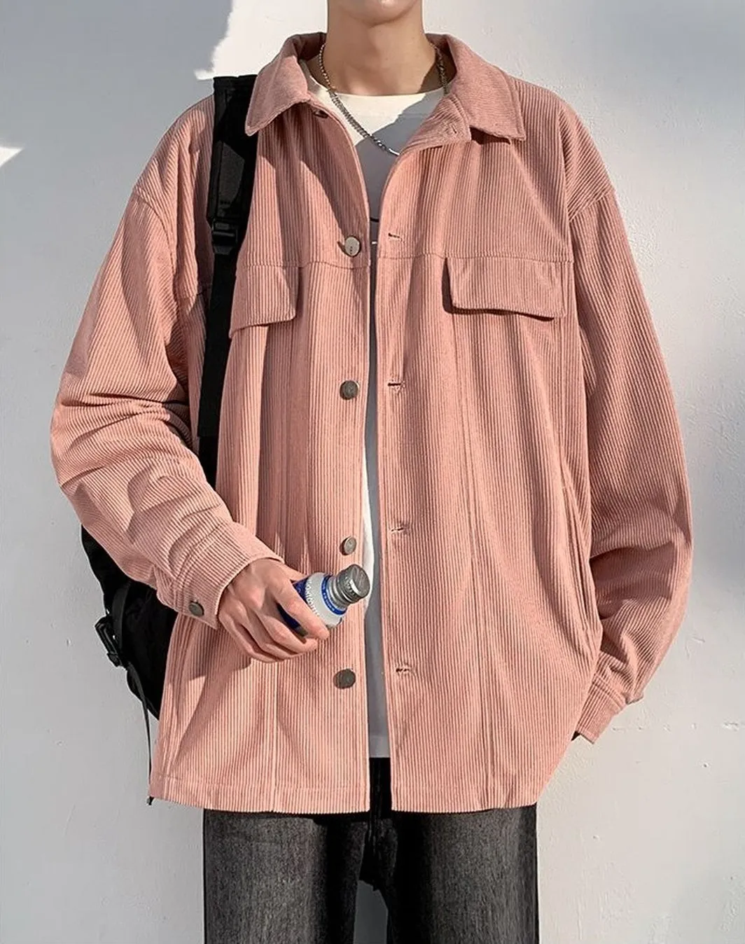 Men's Simple Button-up Overshirt with Stand-Up Collar