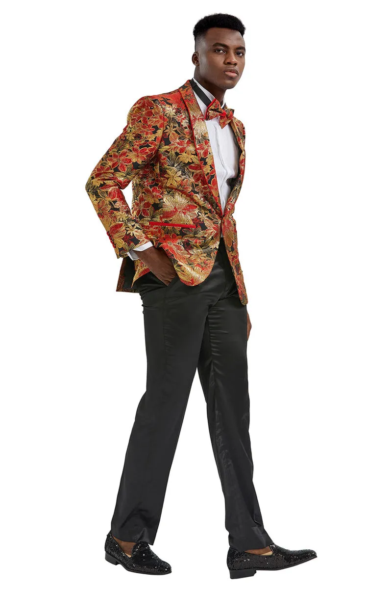 Men's Slim Fit Paisley Prom Tuxedo Jacket in Red & Gold