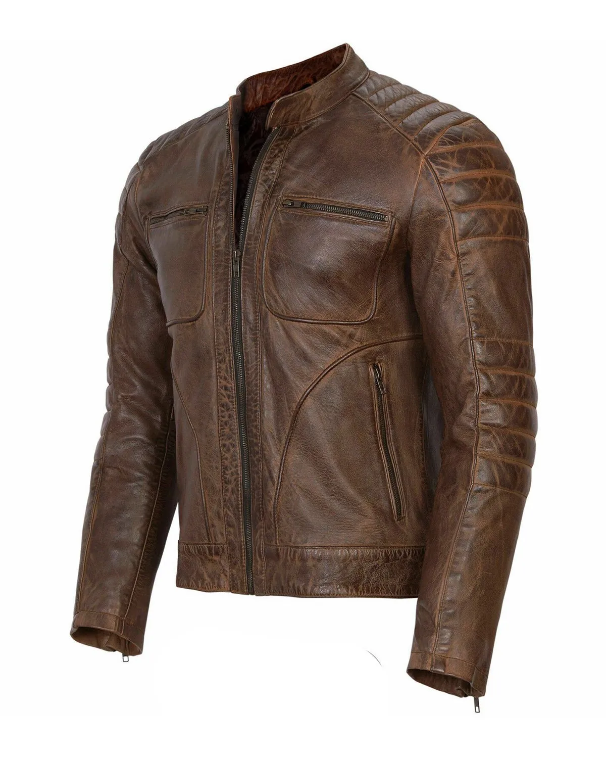 Mens Vintage Biker Cafe Racer Retro Black Motorcycle Slim Fit Genuine Cowhide Leather