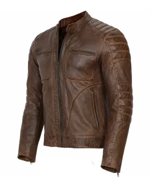 Mens Vintage Biker Cafe Racer Retro Black Motorcycle Slim Fit Genuine Cowhide Leather