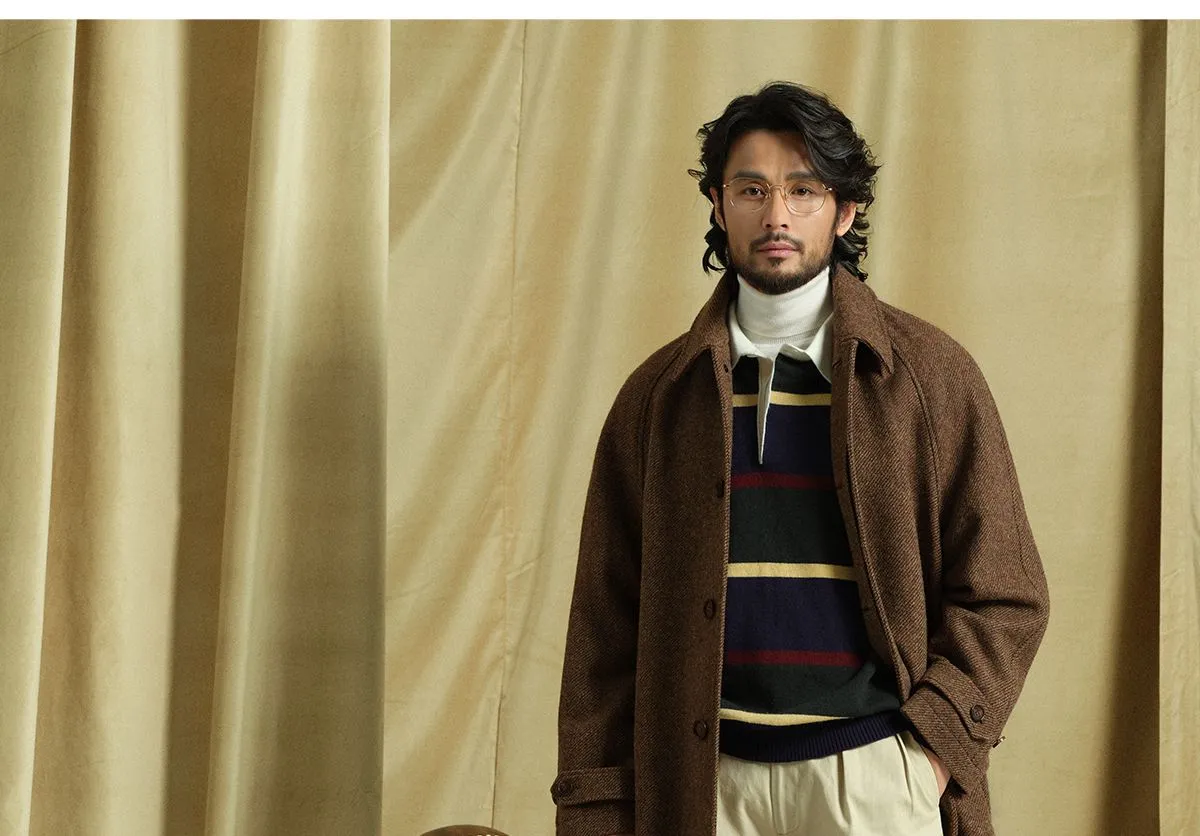 Mid-Length Wool Herringbone Coat