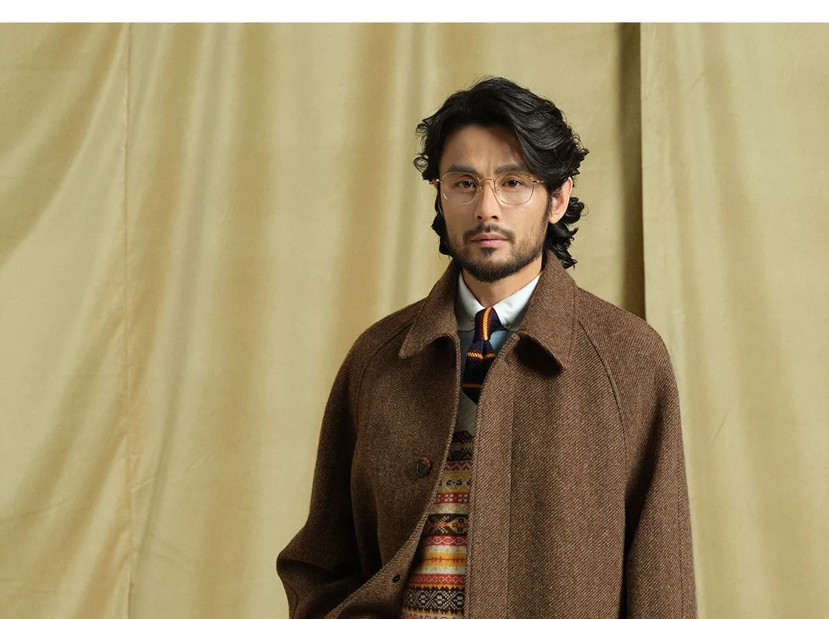 Mid-Length Wool Herringbone Coat