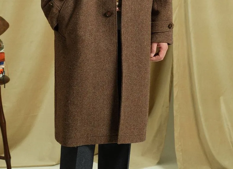 Mid-Length Wool Herringbone Coat