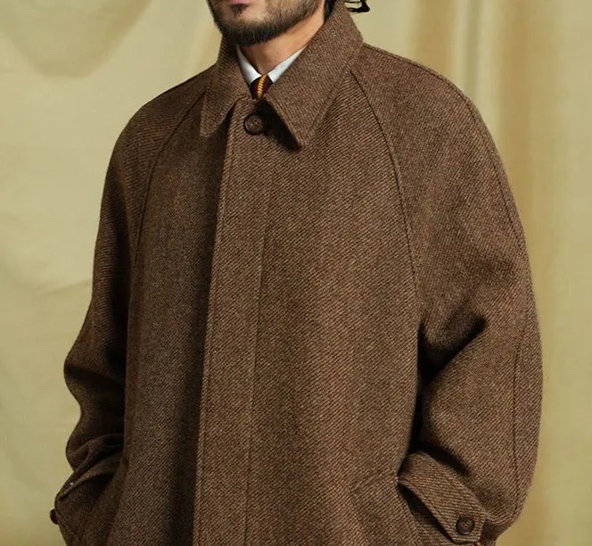 Mid-Length Wool Herringbone Coat