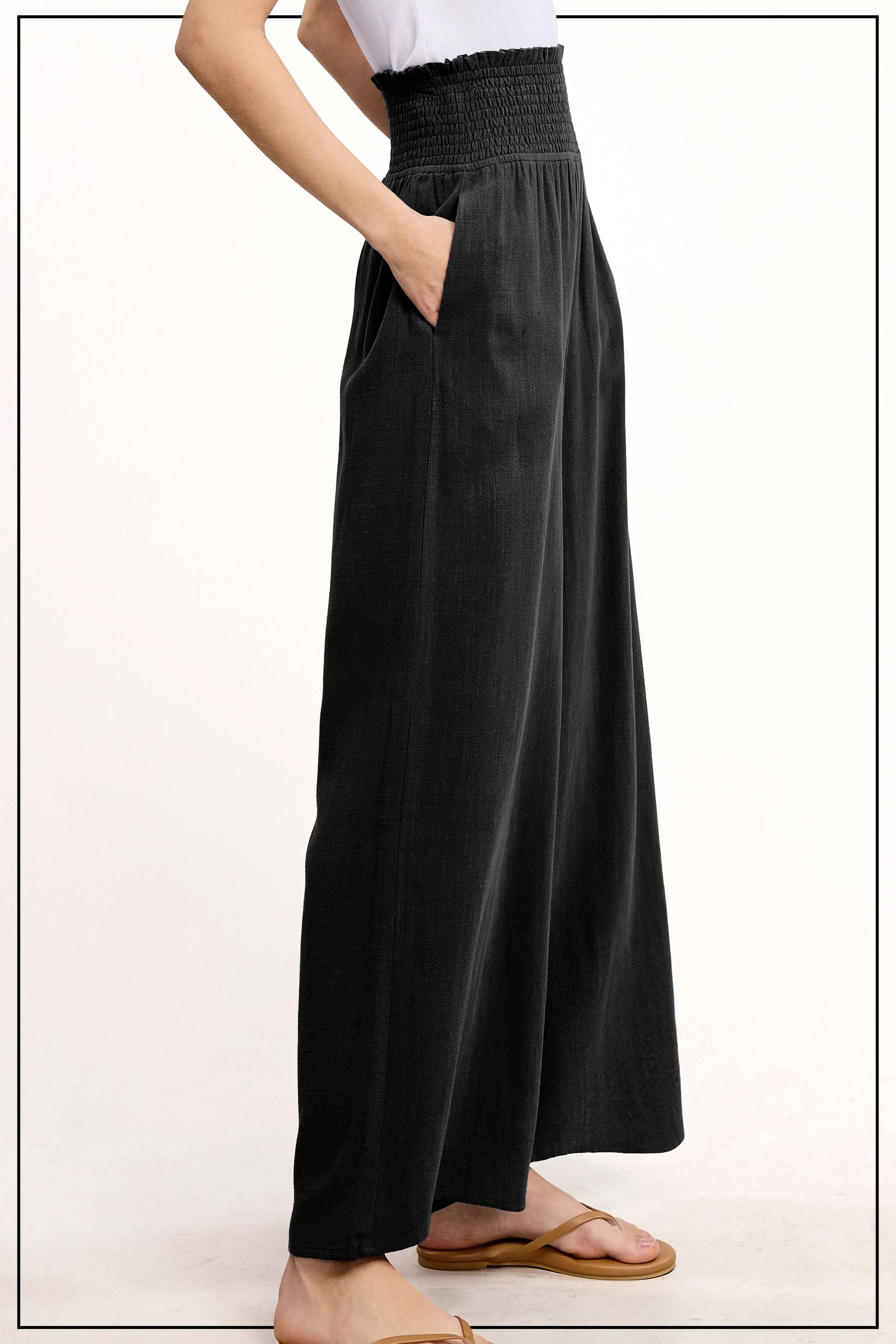 Millie-Smocked Waist High Waist Pants with Side Pockets