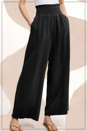Millie-Smocked Waist High Waist Pants with Side Pockets