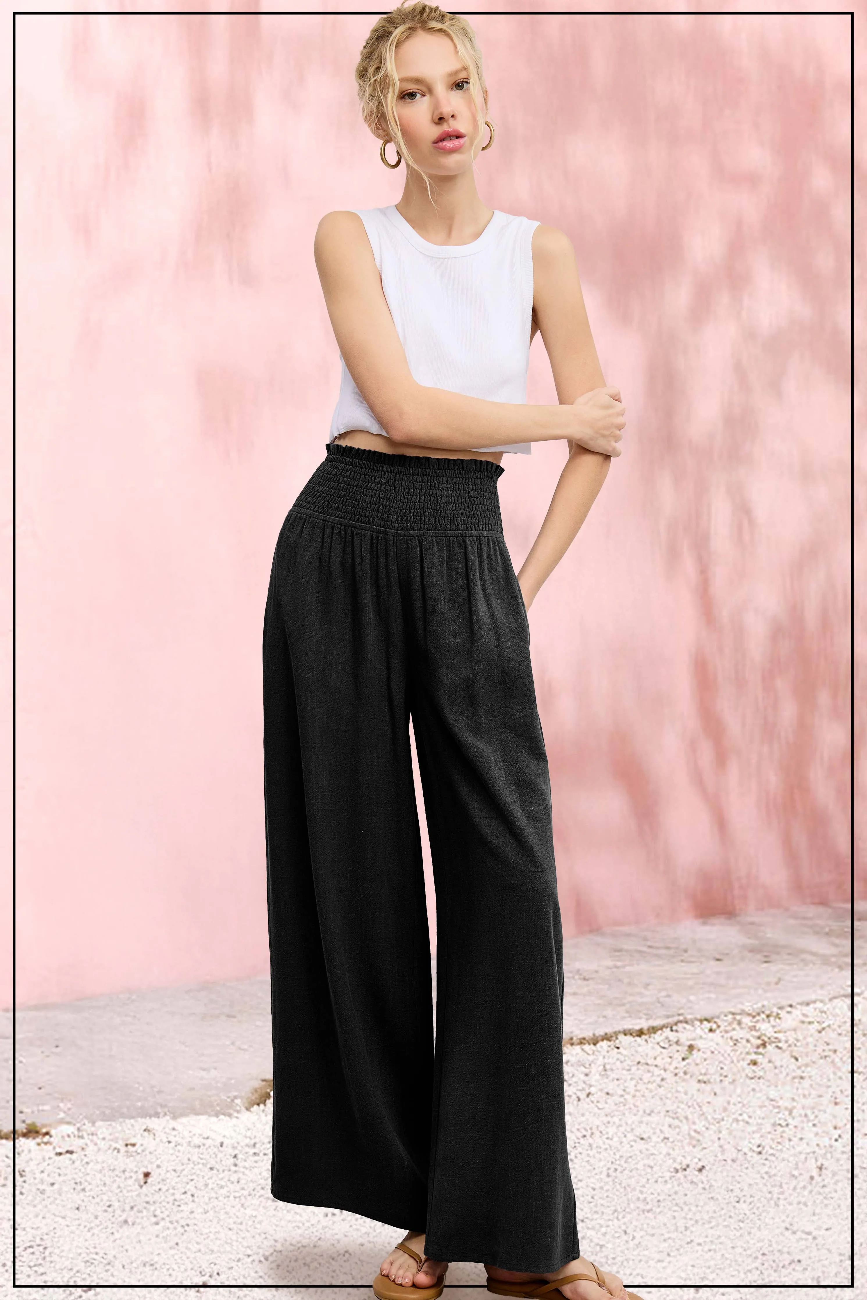 Millie-Smocked Waist High Waist Pants with Side Pockets
