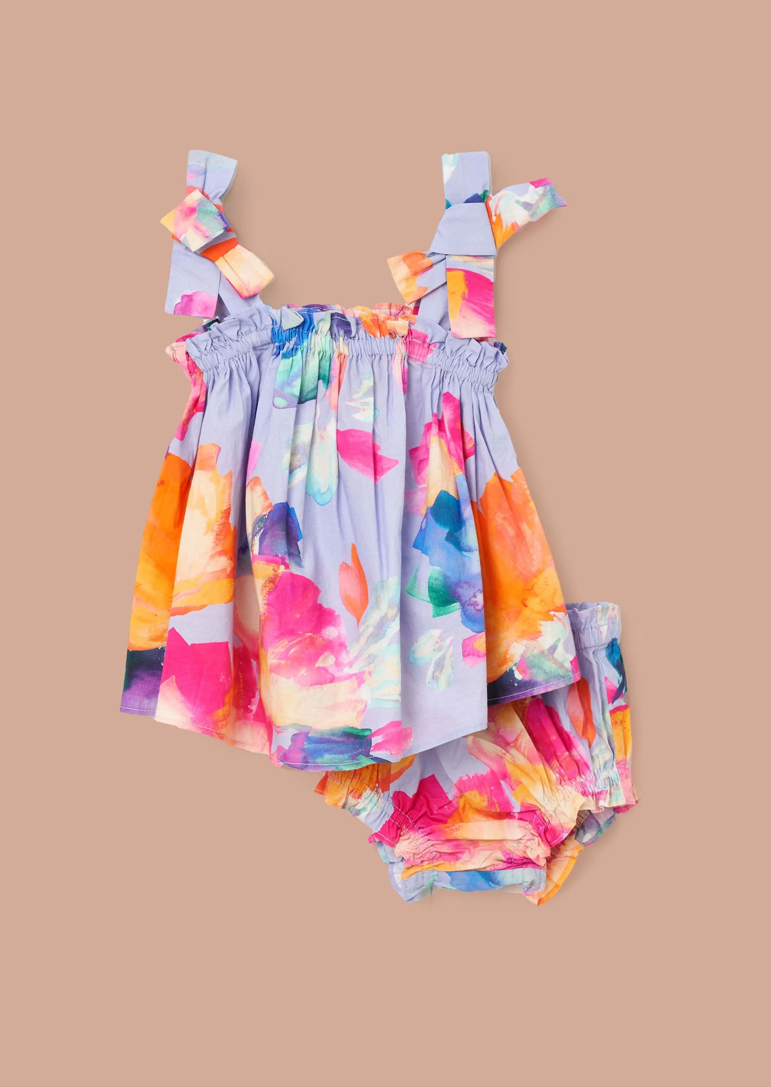 Minnie Multi Floral Print Bow Shoulder Tunic And Bloomer