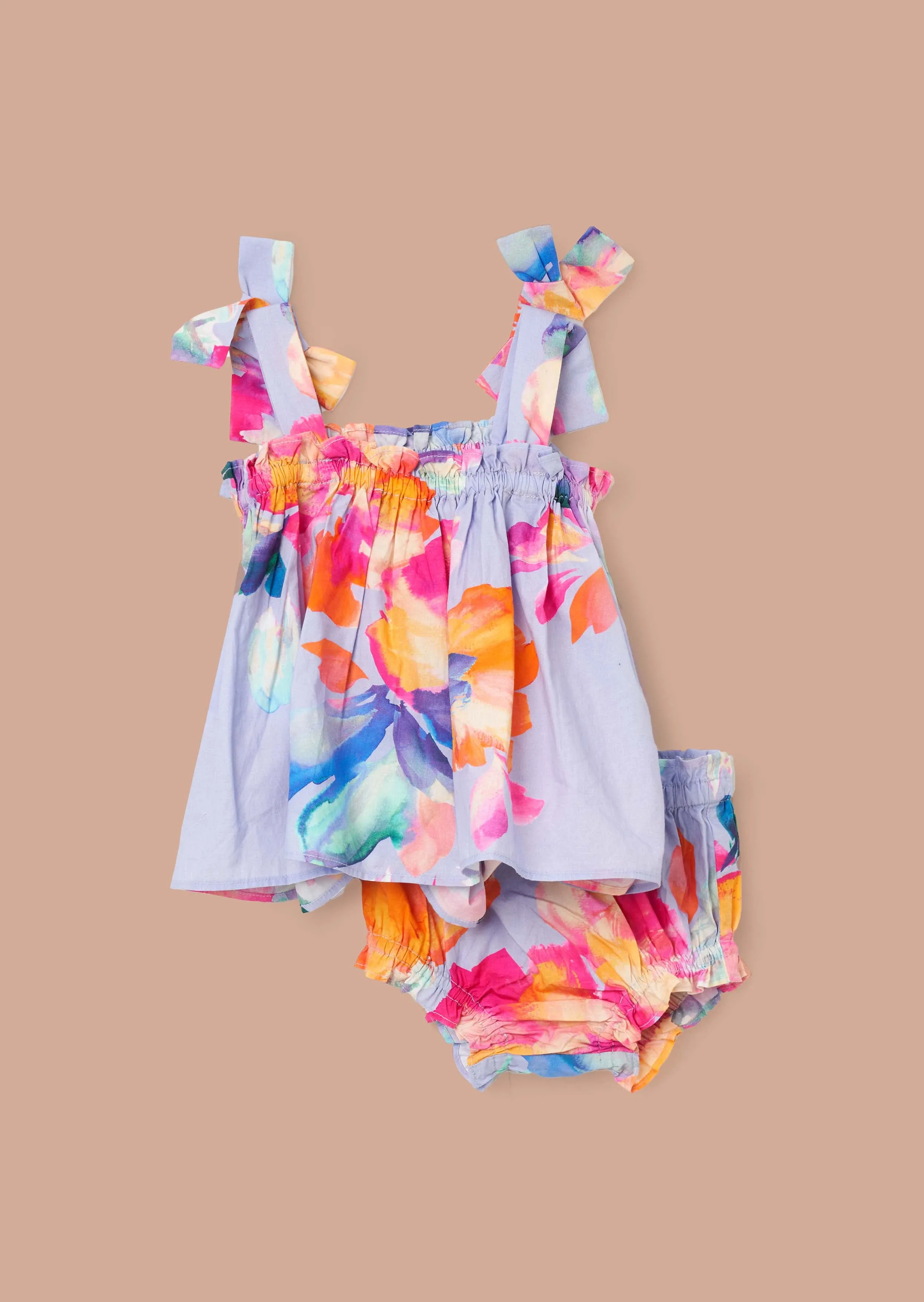 Minnie Multi Floral Print Bow Shoulder Tunic And Bloomer