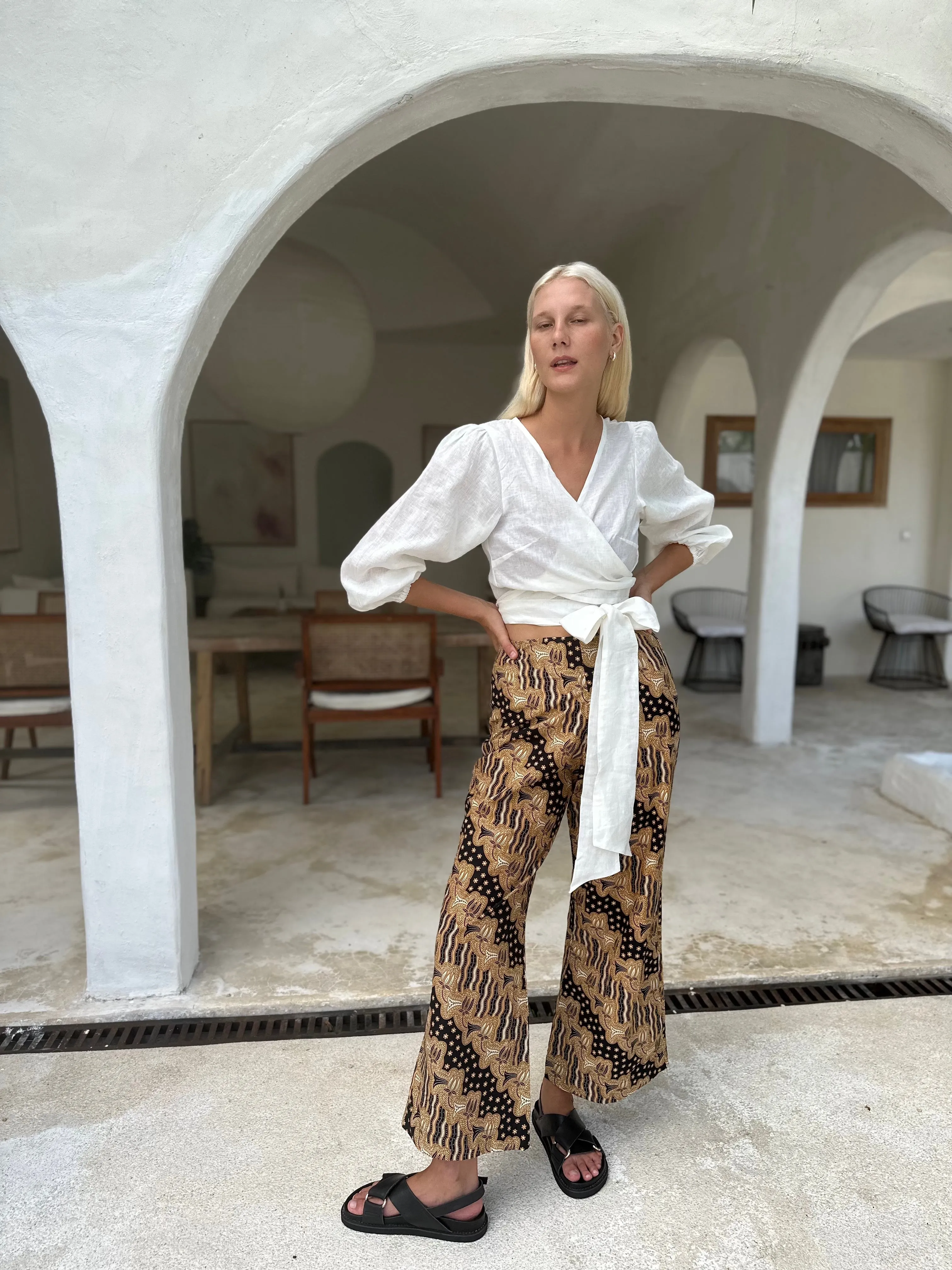 Mykonos Wrap Blouse in off white linen.
