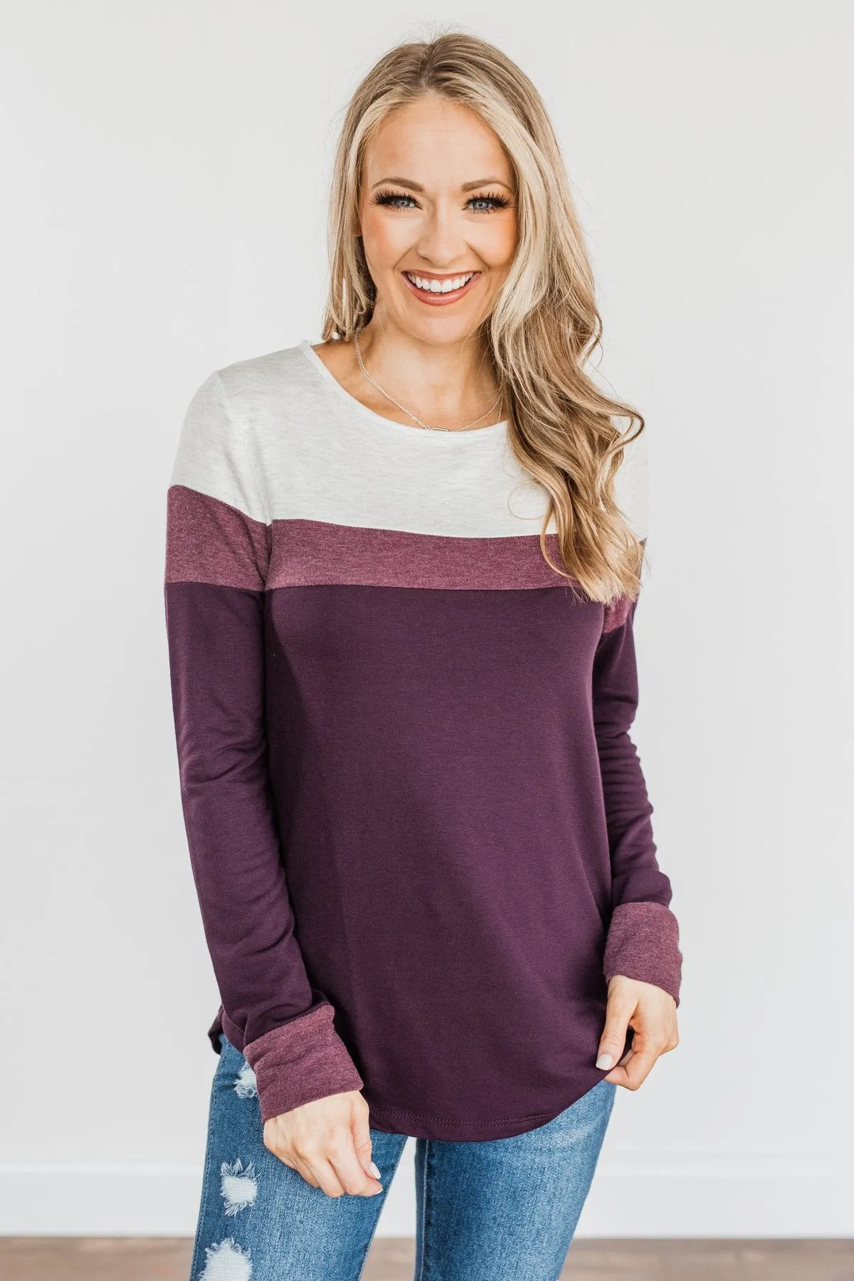 Nature's Palette Color Block Top- Plum & Light Heathered Grey