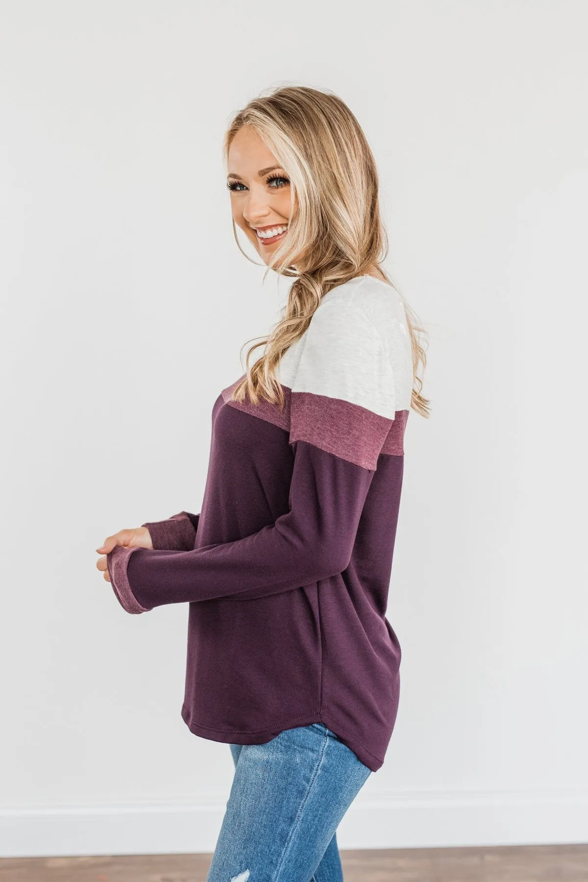 Nature's Palette Color Block Top- Plum & Light Heathered Grey