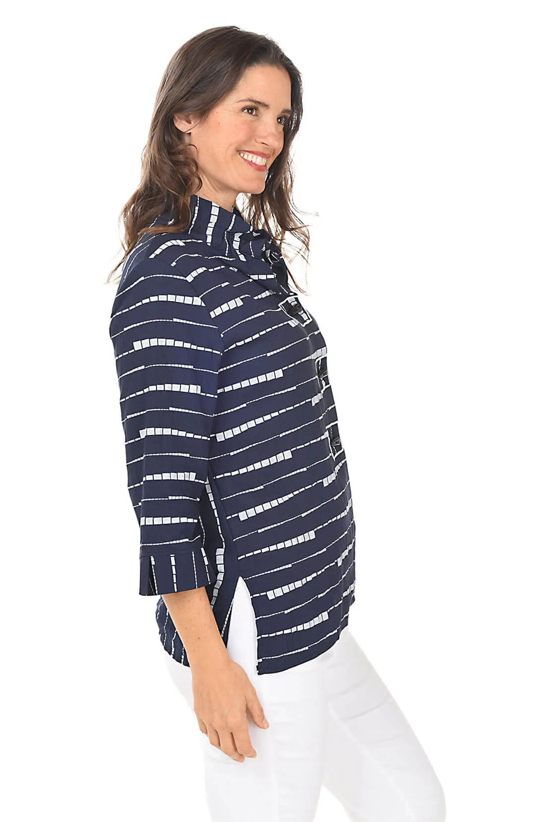 Navy Keyboard Wire Collar Button-Front Shirt