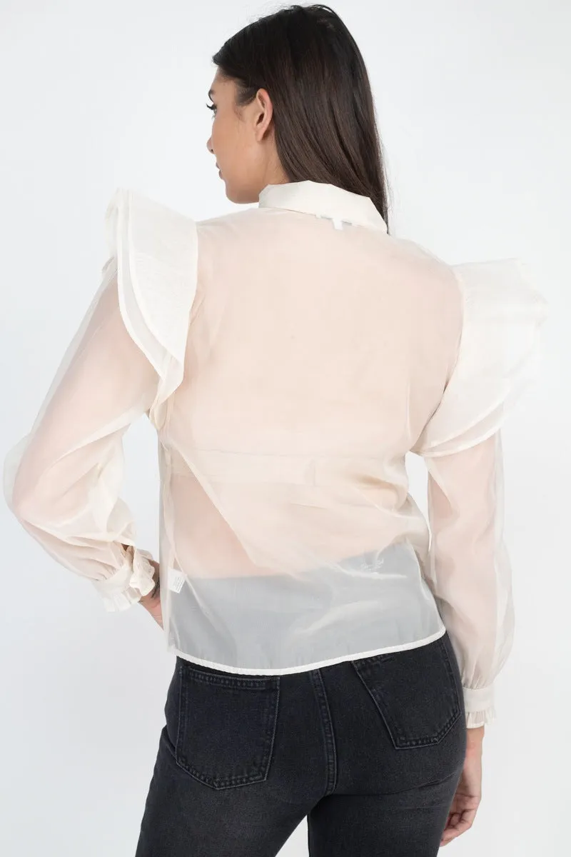 Neck Bow Tie Ruffle Blouse