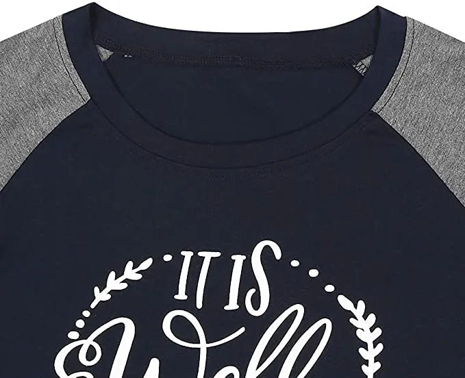 New BANGELY It is Well with My Soul Women Faith Letter Print T-Shirt Baseball Patches Long Sleeve, Sz M!