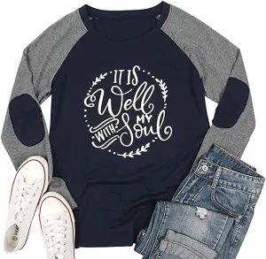 New BANGELY It is Well with My Soul Women Faith Letter Print T-Shirt Baseball Patches Long Sleeve, Sz XL!