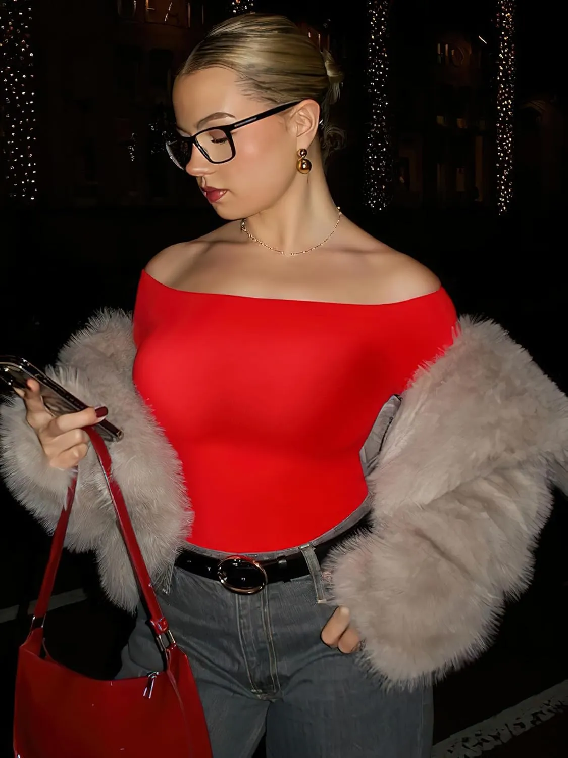 New Retails $63  YEOREO Sophie Women Off Shoulder Long Sleeve Shirts Double Lined Basic Undershirt Y2K Going Out Top Red Sz S