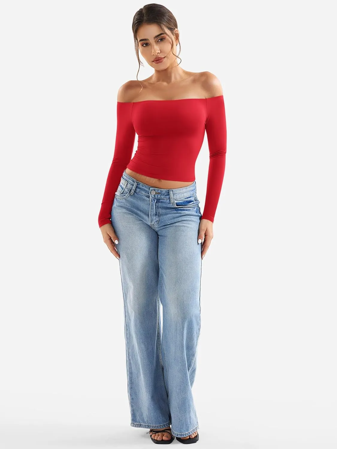 New Retails $63  YEOREO Sophie Women Off Shoulder Long Sleeve Shirts Double Lined Basic Undershirt Y2K Going Out Top Red Sz S